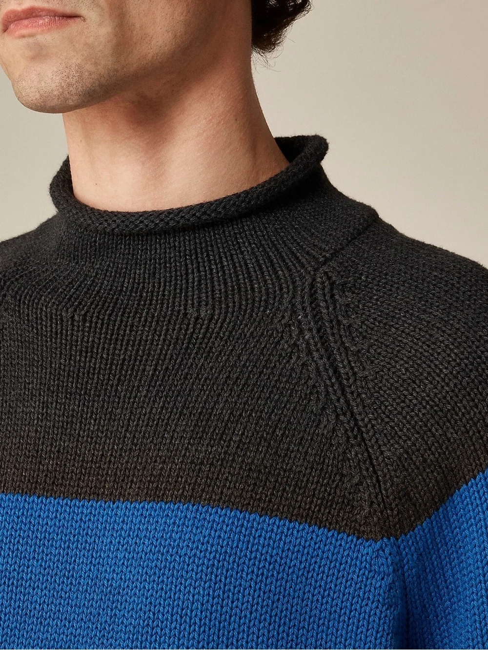 J. Crew 1988 Rollneck sweater in cotton hoop stripe Hthr Black Regal Blue Sz M